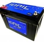 Blue and black 12 volt 100ah lithium deep cycle battery.