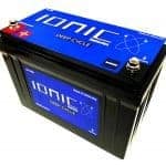 Blue and black 12 volt 100ah lithium deep cycle battery.