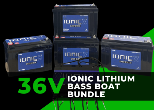 Promotional image of Ionic's lithium 36v Lifepo4 bass boat bundle for trolling motors and starter batteries.