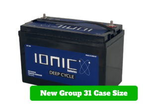 Image of an Ionic 36v 50ah, lifepo4 deep cycle battery, with text indicating that it is a New Group 31 Case Size.