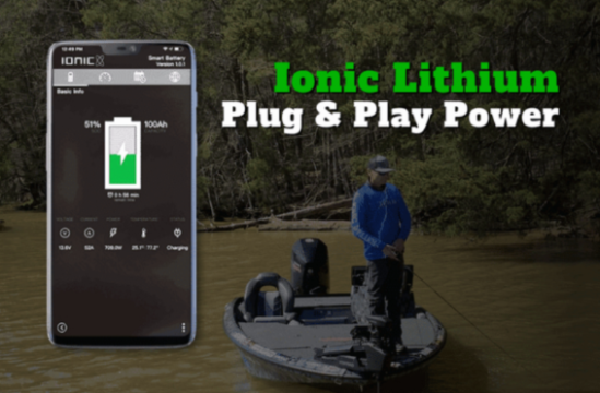 LithiumHub Bluetooth app screenshot showing bluetooth monitoring capabilities, next to man fishing in bass boat.