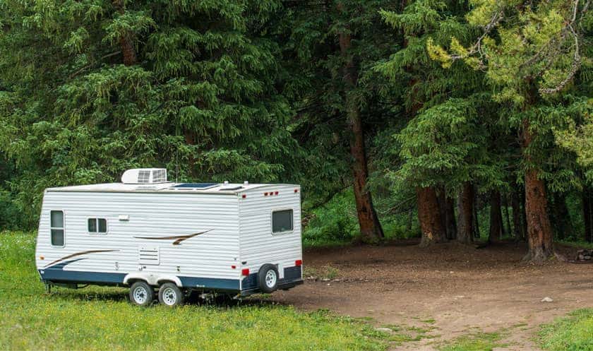 RV in the woods, boondocking with solar.