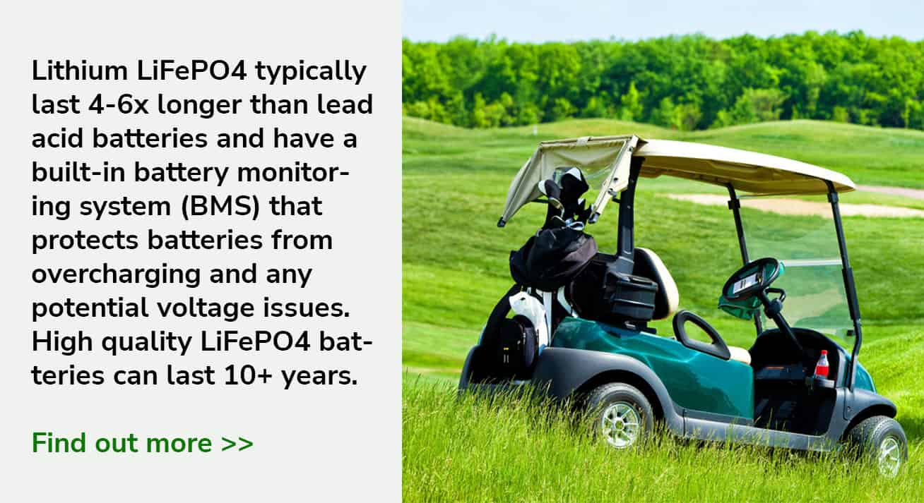 Green golf cart on a golf course with trees and text highlighting lithium battery benefits.