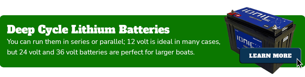 Green banner promoting Ionic deep cycle lithium batteries.