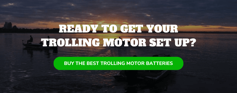 Image of bass boats on a lake with text promoting trolling motor batteries.