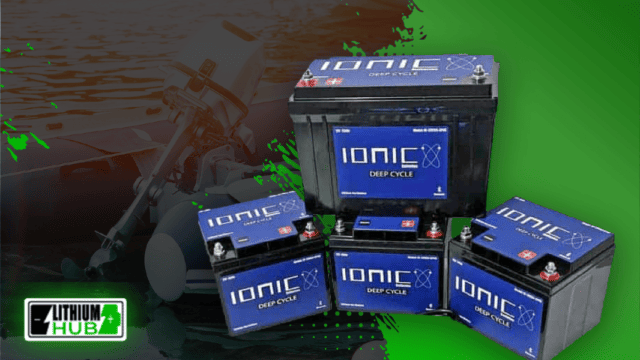 Image of four blue Ionic batteries with a bass boat in the background.