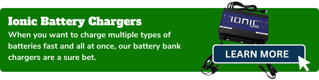 Green banner promoting Ionic battery chargers.