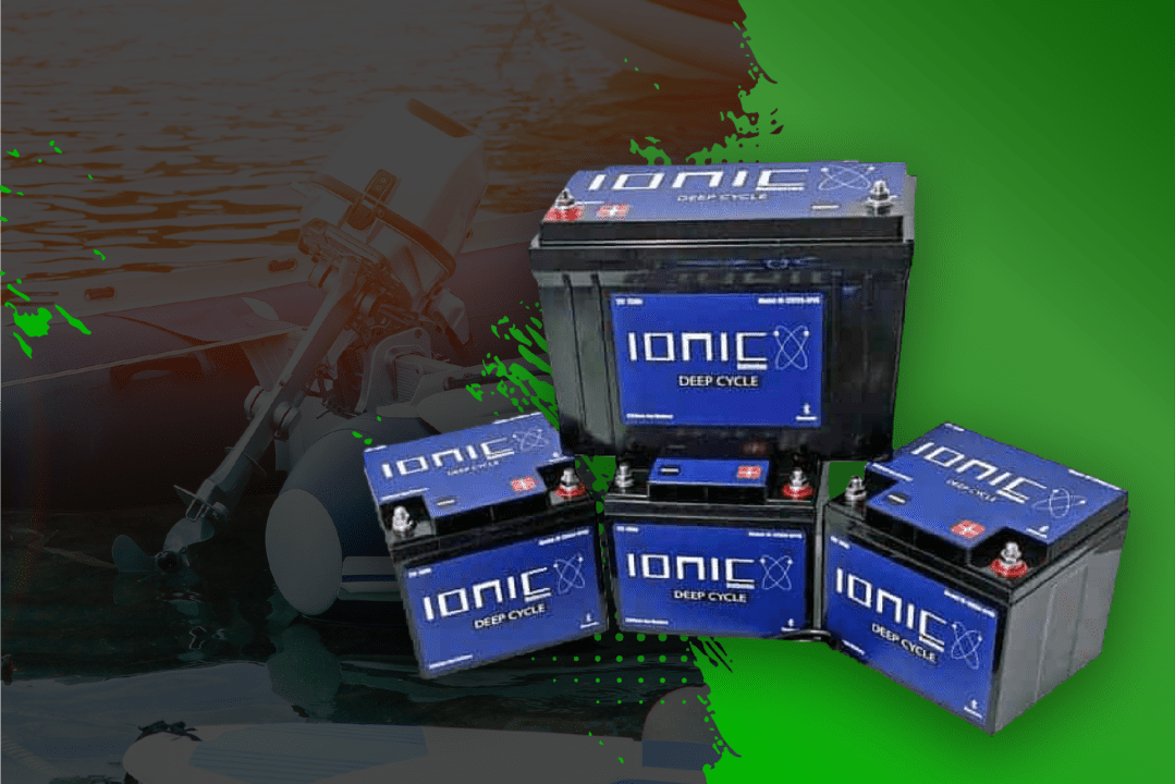 Image of four blue Ionic batteries with a bass boat in the background.