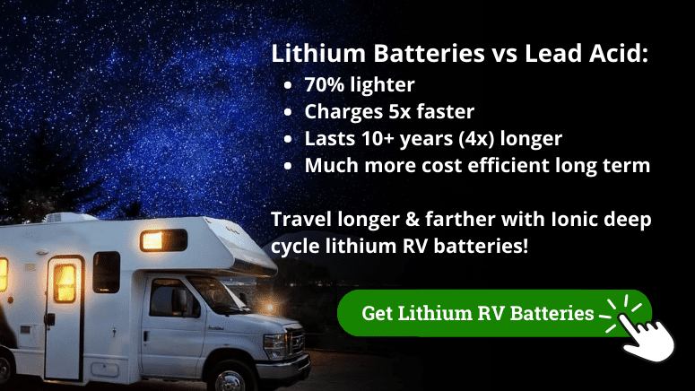 RV parked at night under a blanket of stars, with text from the article about lithium batteries vs lead acid.