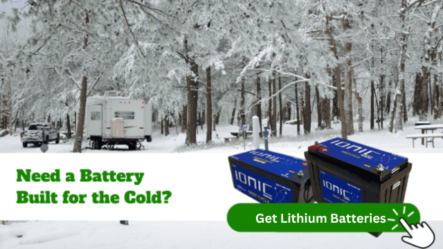 Lithium batteries call to action image with an RV and snow in the background.