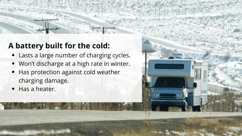 RV driving on the road in the winter snow, with an article quote about the best battery for cold weather next to it.