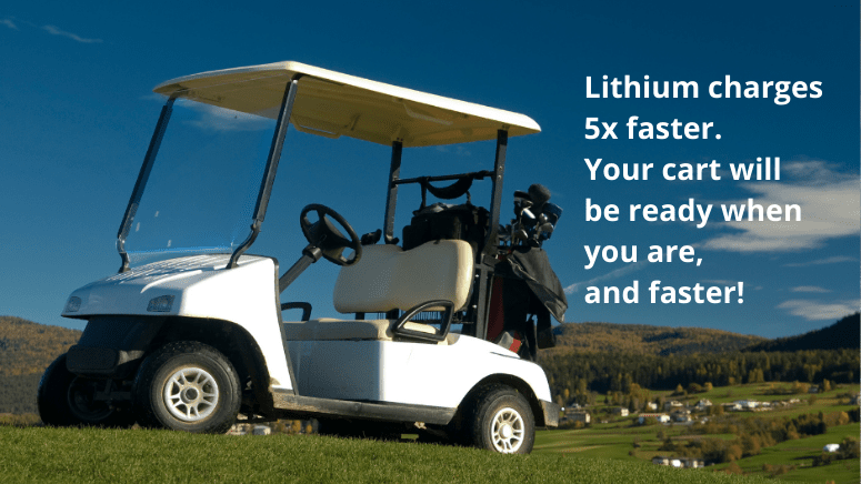A golf cart powered by a lithium battery parked on a lush lawn, with an article quotation next to it.