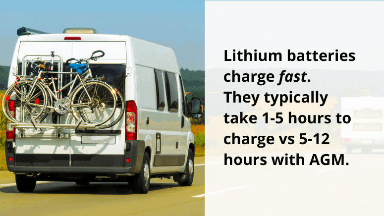A white automobile with bicycles attached to the back, and a quote about how lithium batteries charge fast rather than AGM.
