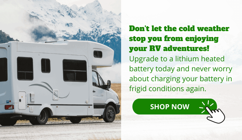 An RV driving down a snowy mountain road, and a call-to-action button about upgrading to a lithium-heated battery next to it.