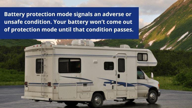 An RV traveling on the highway, and a quote about how battery protection mode signals.