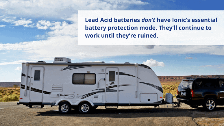 An RV with a dead battery stranded on the road and attached to a car, and a quote about lead-acid batteries not having battery protection.