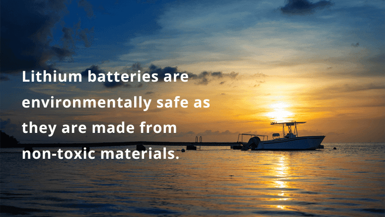 A center console boat on the ocean with a sunset in the background, and a quote about lithium batteries non-toxic materials next to it.