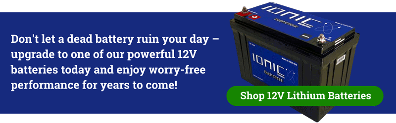 Blue background and a call to action button of LithiumHub promoting 12V Lithium Batteries.