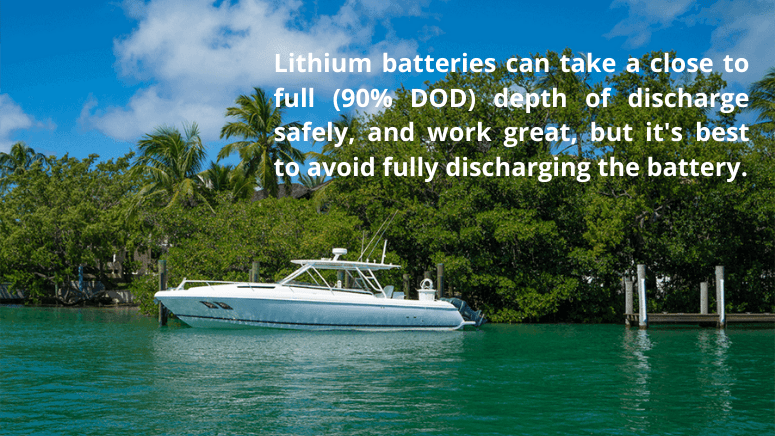 A boat near the dock, and a quote about how lithium batteries can take close to full depth of discharge safely.