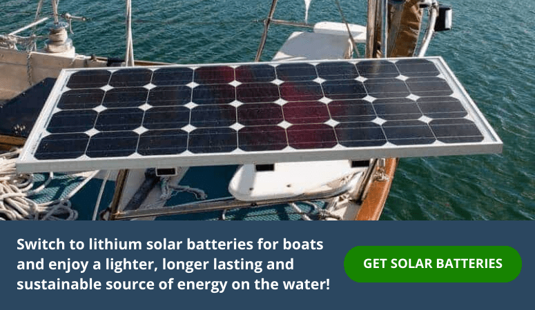 Solar panel on a boat, and call to action promoting LithiumHub solar batteries. 