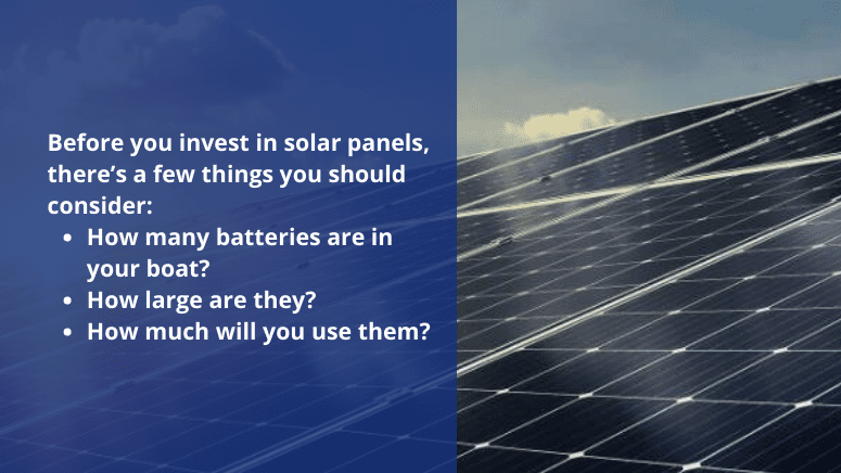 Image of a solar panel, and a list of things to consider before investing in solar panels. 