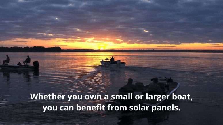 Groups of men aboard boats, and a quote about how small or large boats can benefit from solar panels.