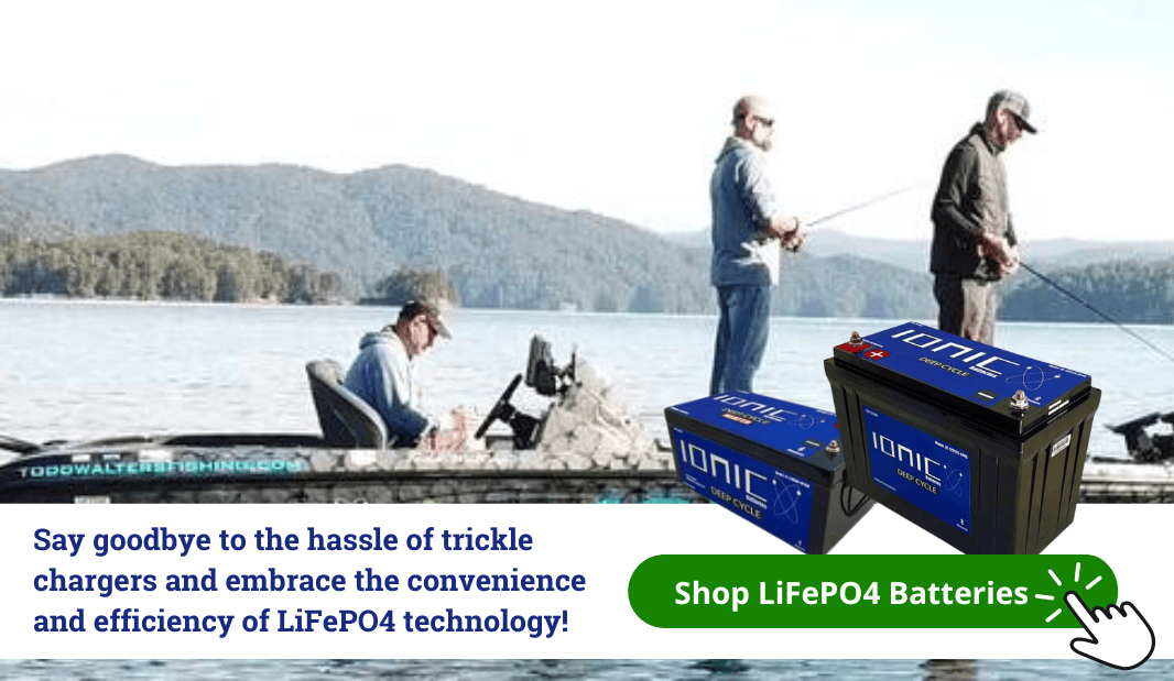 Three men fishing in a bass boat, and a promotional image of Ionic lithium batteries and a call to action below.