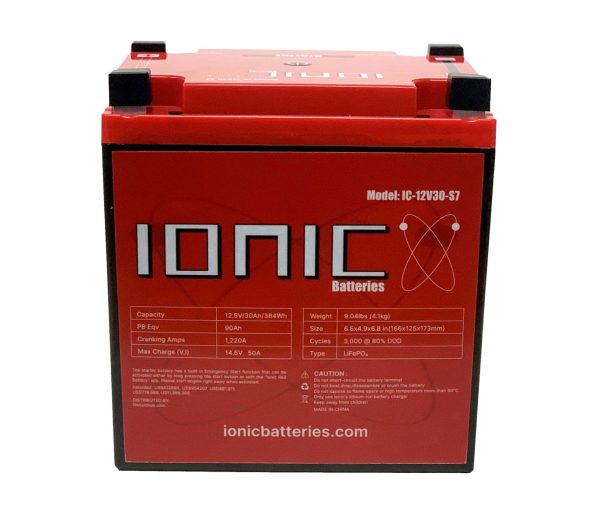 Back side of the Ionic Lithium 12v S4 | 300 CCA | Lifepo4 starter battery + Bluetooth.