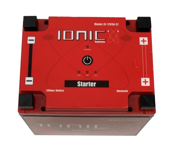 Top side of the Ionic Lithium 12v S4 | 300 CCA | Lifepo4 starter battery + Bluetooth.