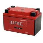 Front side of the Ionic Lithium 12v S4 | 300 CCA | Lifepo4 starter battery + Bluetooth - displayed at an angle.