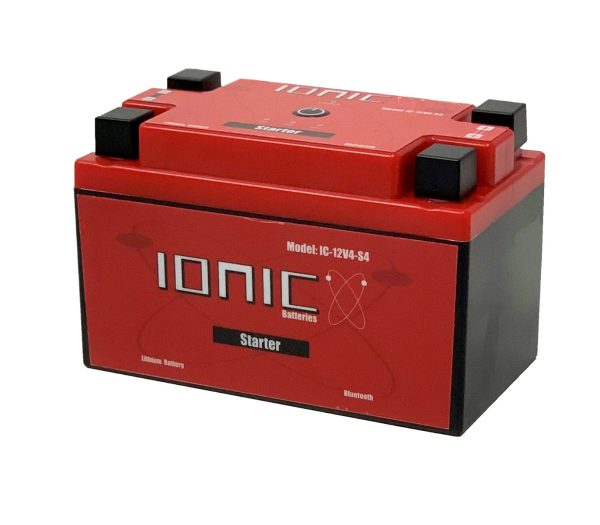 Front side of the Ionic Lithium 12v S4 | 300 CCA | Lifepo4 starter battery + Bluetooth - displayed at an angle.