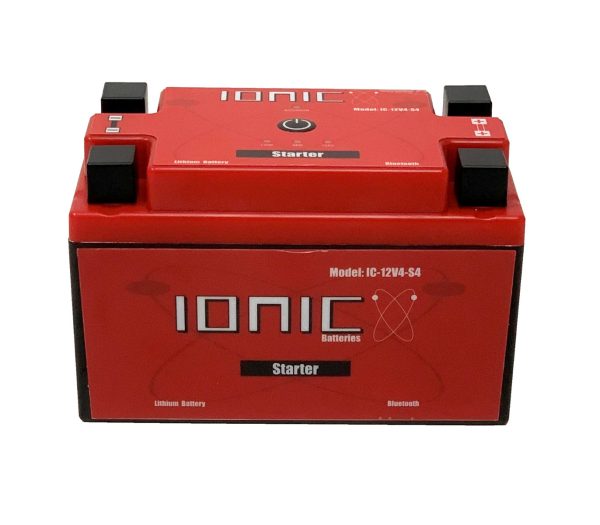 Front side of the Ionic Lithium 12v S4 | 300 CCA | Lifepo4 starter battery + Bluetooth.