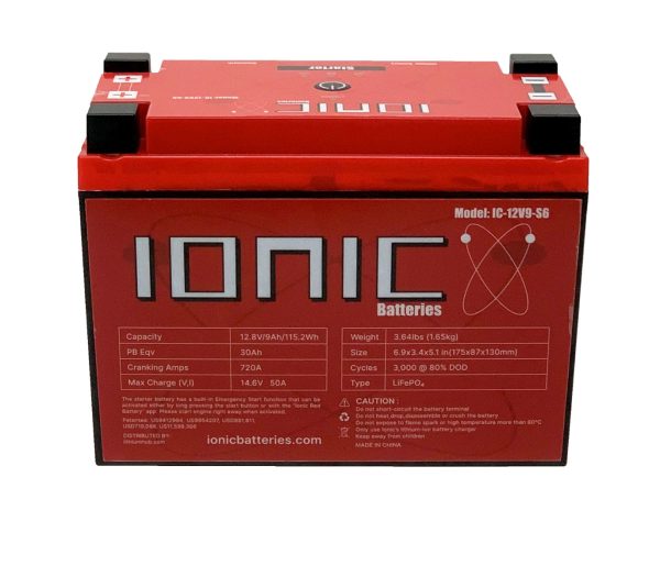Back side of the Ionic Lithium 12v S4 | 300 CCA | Lifepo4 starter battery + Bluetooth.