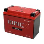 Front side of the Ionic Lithium 12v S4 | 300 CCA | Lifepo4 starter battery + Bluetooth - displayed at an angle.