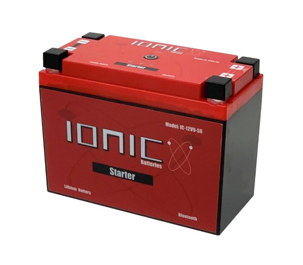 Front side of the Ionic Lithium 12v S4 | 300 CCA | Lifepo4 starter battery + Bluetooth - displayed at an angle.