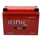 Front side of the Ionic Lithium 12v S4 | 300 CCA | Lifepo4 starter battery + Bluetooth.