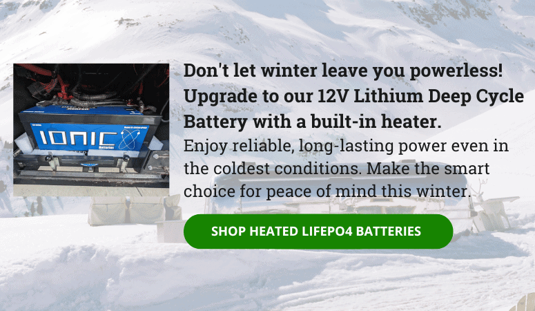 Image of lithium battery in the snow and a CTA for Ionic batteries.