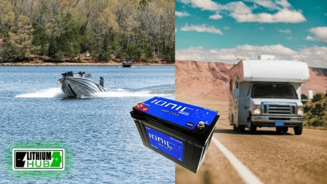 LithiumHub Ionic Dual Battery overlaid over a image of an RV driving and a bass boat on the water.