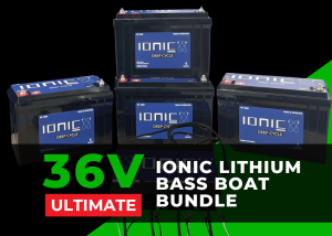 Promotional image of Ionic's lithium 36v Ultimate Lifepo4 bass boat bundle for trolling motors and starter batteries.