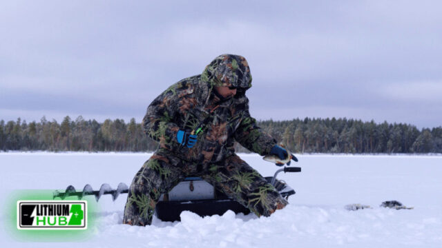 Man looking down into the hole in the ice, with an ice auger lying behind him, and LithiumHub logo on the side of the image.