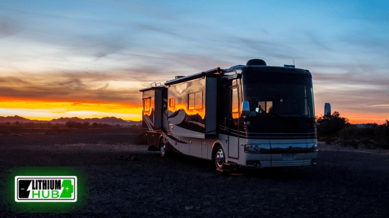 Parked RV with a beautiful sunset behind it, and a LithiumHub logo on the side of the image.