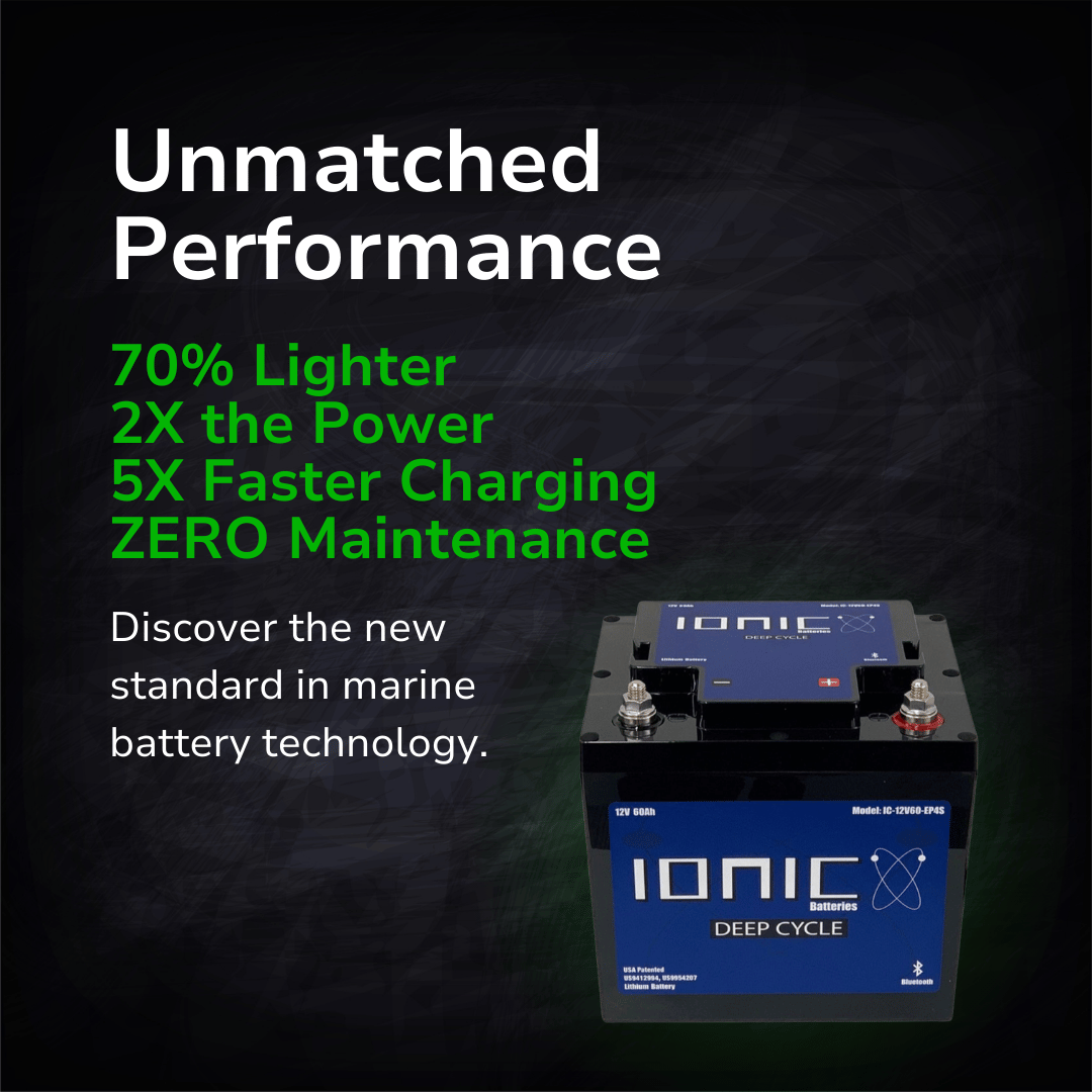 ionic lithium 12v 60ah | lifepo4 deep cycle trolling motor battery + bluetooth