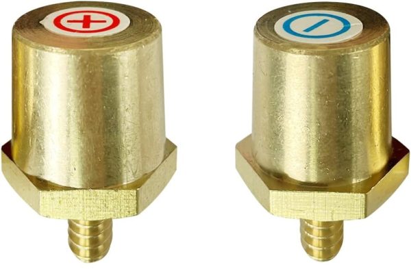 Two terminal adapters, one labeled positive, the other negative.