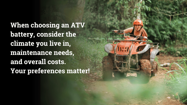 A girl riding a red ATV on a dirt path through the woods.