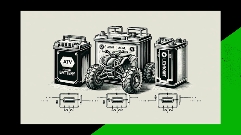 Image of an ATV by batteries, and a black and green background.