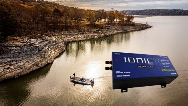 Ionic 16 volt 52ah lithium sonar battery and charger image overlay, with the background of two bass fishermen fishing in a bass boat on a lake, with woods at the edge of it and the sky and clouds above them.