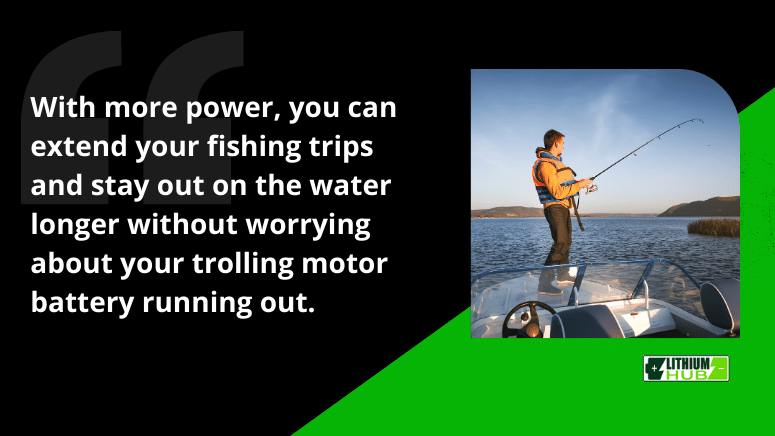 Image of man fishing on boat with text: "More power means longer fishing trips, stay on water worry-free about trolling motor battery."