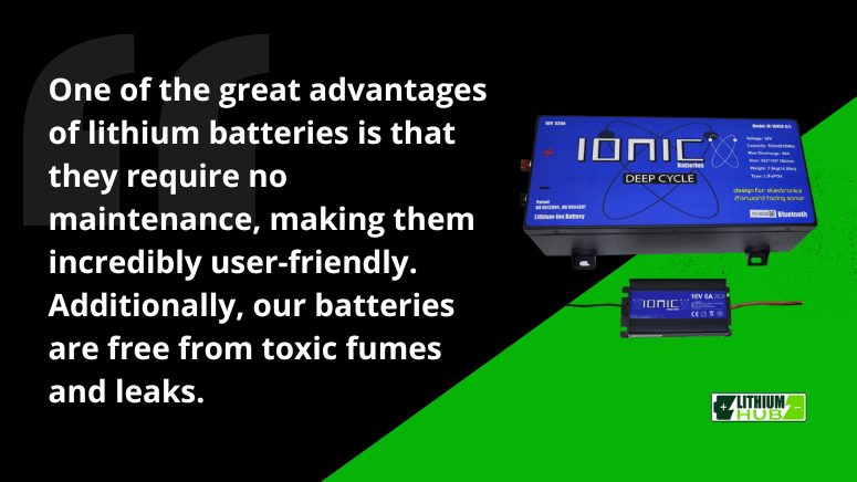 Image of lithium batteries, highlighting their maintenance-free nature and absence of toxic fumes or leaks.