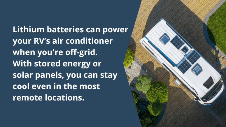 An RV with solar panels on its roof, illustrating how lithium batteries can power air conditioners off-grid.