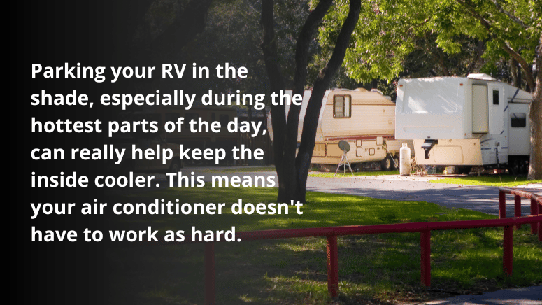 An RV parked in the shade, illustrating the benefits of cooling and efficient lithium battery recharging off-grid